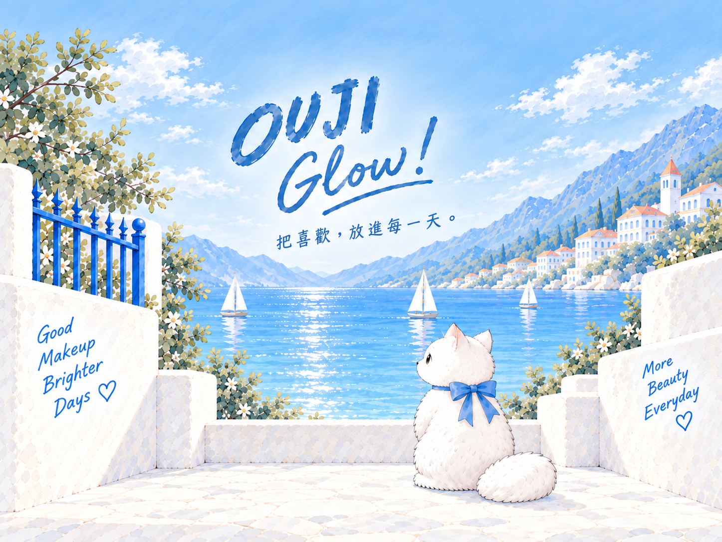 OUJI Glow 海邊水彩彩妝主題插畫