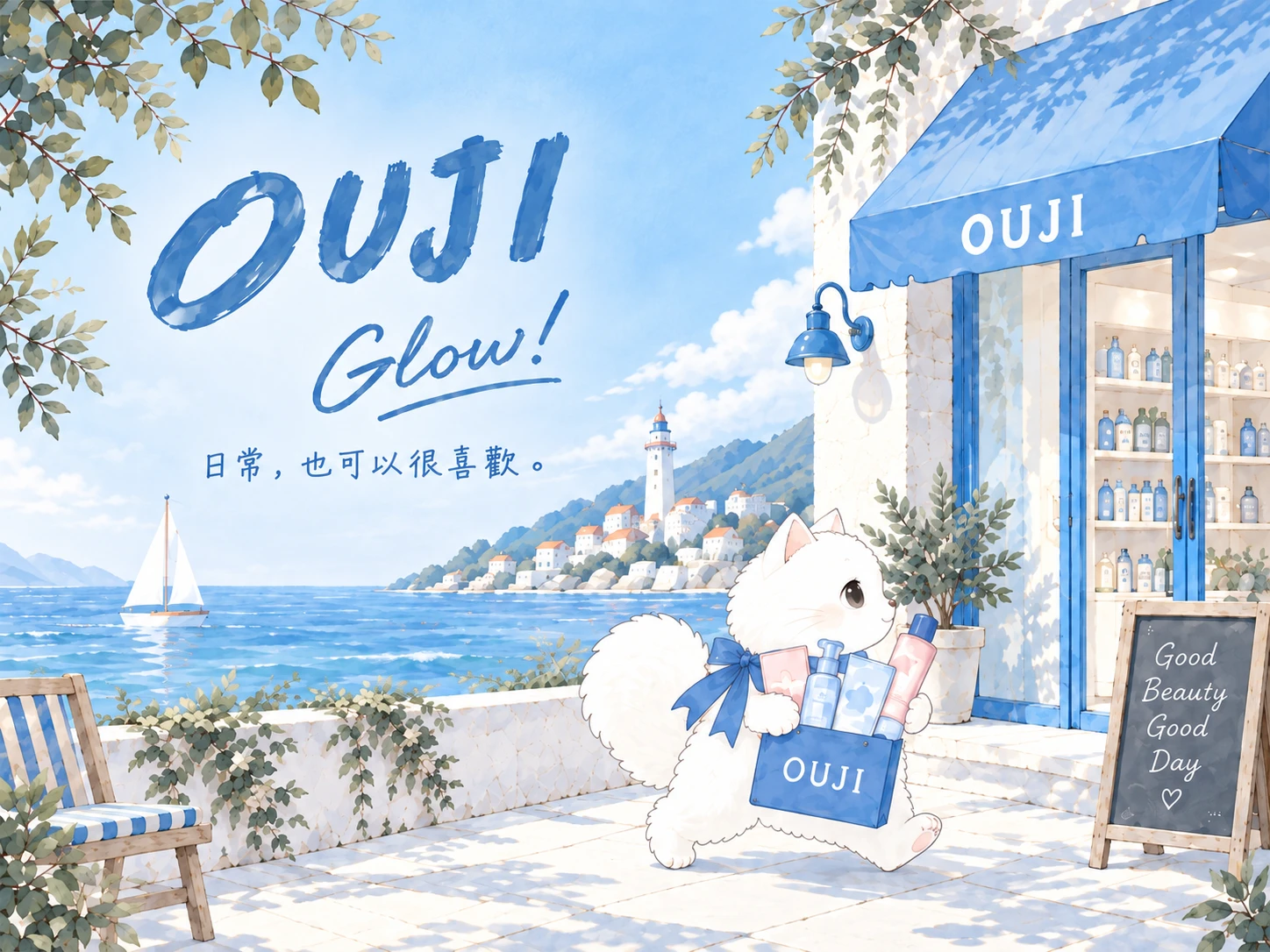 低飽和水彩海邊 OUJI 護膚店與芝麻貓